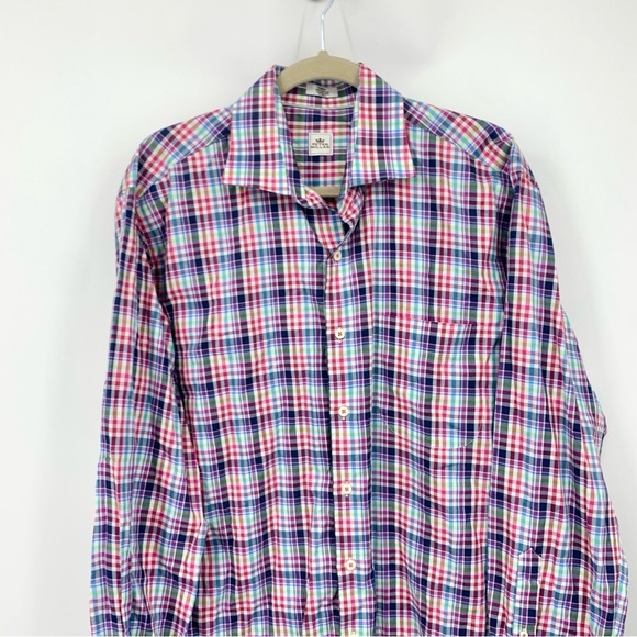 Peter Millar Men Size Large Shirt Button Down Top Pink Blue Checkered Plaid - Picture 2 of 7